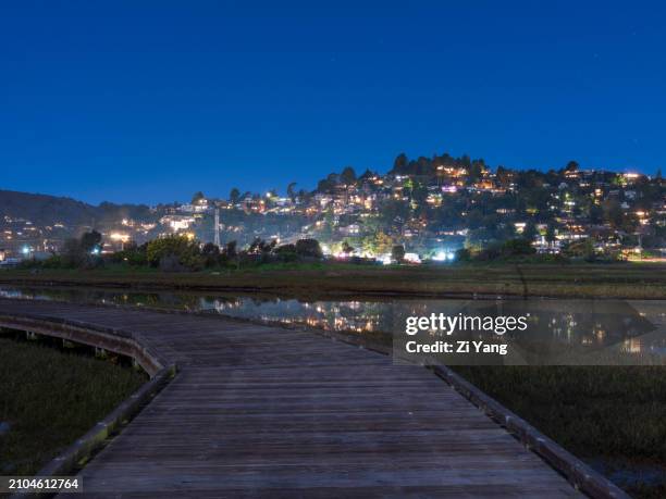 hillside homes in the almonte neighborhood of mill valley california at night with bothin marsh preserve in foreground - sausalito stock pictures, royalty-free photos & images