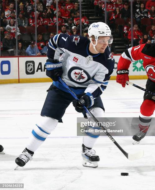 Vladislav Namestnikov of the Winnipeg Jets skates against the New Jersey Devils at Prudential Center on March 21, 2024 in Newark, New Jersey.