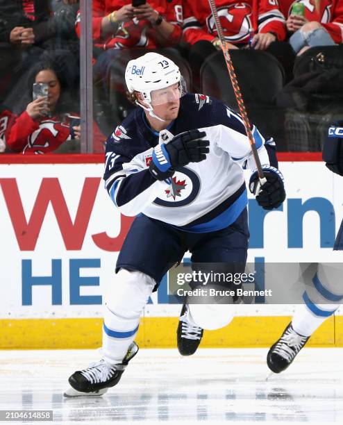 Tyler Toffoli of the Winnipeg Jets plays in his 800th NHL game against the New Jersey Devils at Prudential Center on March 21, 2024 in Newark, New...