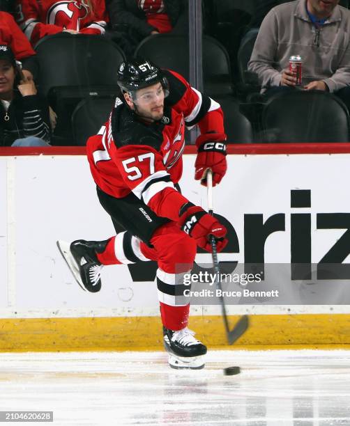 Nick DeSimone of the New Jersey Devils skates against the Winnipeg Jets at Prudential Center on March 21, 2024 in Newark, New Jersey.