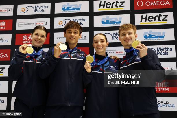 Gold Medalists, Andrea Spedolini Sirieix, Thomas Daley, Scarlett Mew Jensen and Jack Laugher of Team Great Britain pose for a photo with their medals...