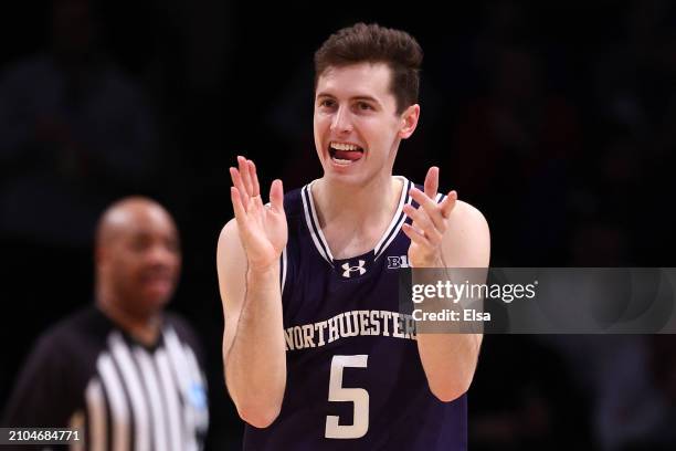 Ryan Langborg of the Northwestern Wildcats reacts in the second half against the Florida Atlantic Owls in the first round of the NCAA Men's...