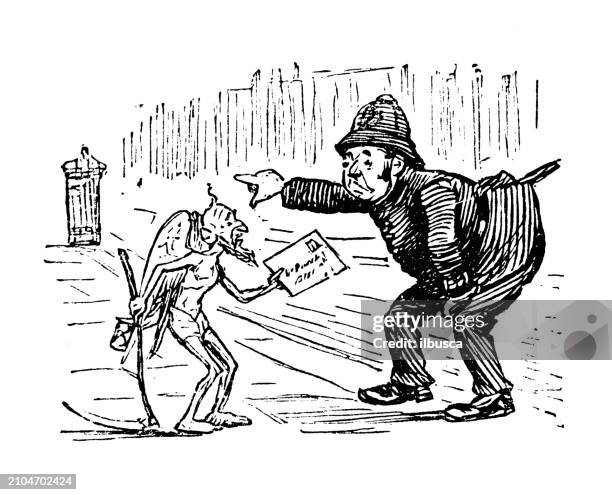 british satire caricature comic cartoon illustration - police officer talking to person cartoon stock illustrations