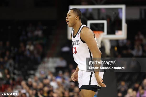 Jaedon LeDee of the San Diego State Aztecs reacts during the first half against the UAB Blazers in the first round of the NCAA Men's Basketball...