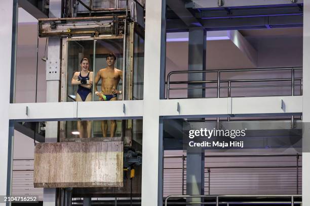 Thomas Daley and Andrea Spendolini-Sirieix of Team Great Britain take elevator during the Mixed Team Event during the World Aquatics Diving World Cup...