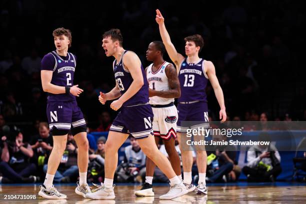 Luke Hunger of the Northwestern Wildcats reacts during the second half of the game against the Florida Atlantic Owls during the first round of the...