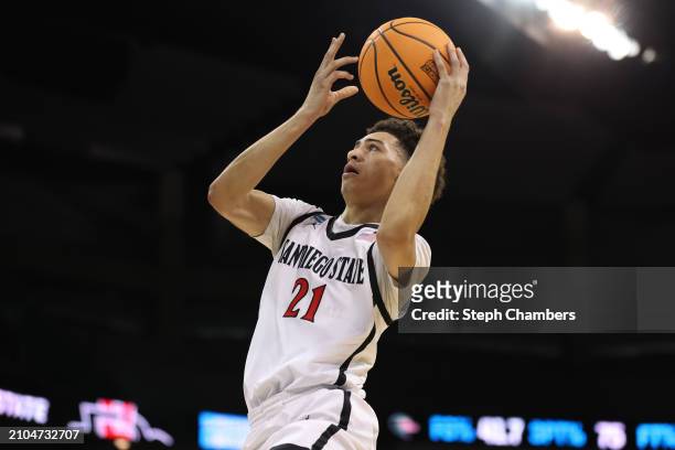 Miles Byrd of the San Diego State Aztecs drives to the basket during the first half against the UAB Blazers in the first round of the NCAA Men's...