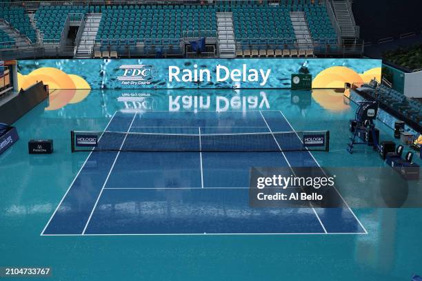 View of center court during a rain delay on day 7 of the Miami Open at Hard Rock Stadium on March 22, 2024 in Miami Gardens, Florida.