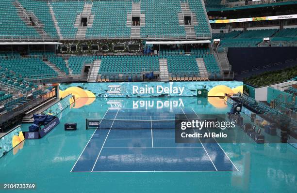 View of center court during a rain delay on day 7 of the Miami Open at Hard Rock Stadium on March 22, 2024 in Miami Gardens, Florida.