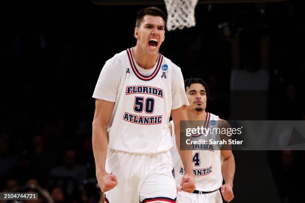 Vladislav Goldin of the Florida Atlantic Owls reacts in the second half against the Northwestern Wildcats in the first round of the NCAA Men's...