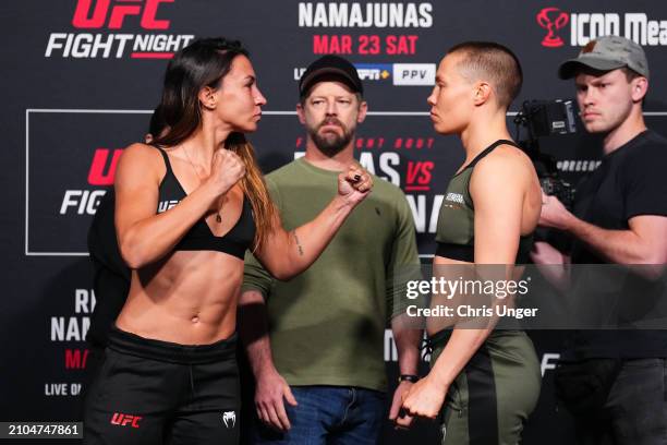 Opponents Amanda Ribas of Brazil and Rose Namajunas face off during the UFC Fight Night weigh-in at UFC APEX on March 22, 2024 in Las Vegas, Nevada.