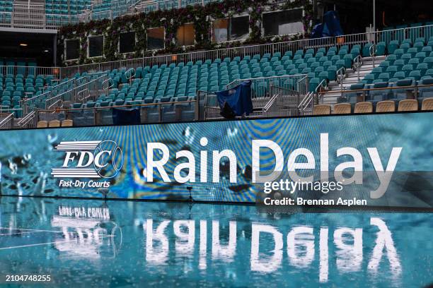 View of center court during a rain delay on day 7 of the Miami Open at Hard Rock Stadium on March 22, 2024 in Miami Gardens, Florida.