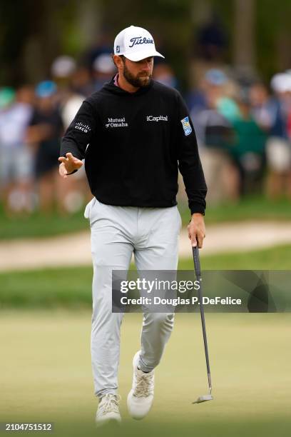 Cameron Young of the United States reacts on the first green during the second round of the Valspar Championship at Copperhead Course at Innisbrook...