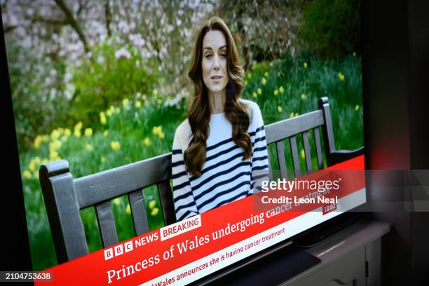 Screen displays a news report, as Catherine, The Princess of Wales announces that she is receiving a preventative course of chemotherapy for cancer...