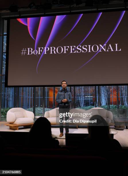 Imran Amed, Founder and CEO, The Business of Fashion, speaks on stage at The BoF Professional Summit at The Times Center on March 22, 2024 in New...