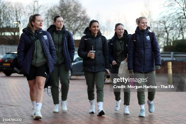 Hayley Crackle, Anna Miller, Miriam Mahmood, Olivia Rabjohn and Phoebe Warner of West Bromwich Albion arrive at the stadium prior to the the FA...