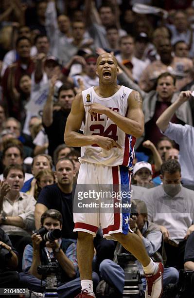 Richard Jefferson of the New Jersey Nets yells in celebration in Game five of the 2003 NBA Finals against the San Antonio Spurs at Continental...