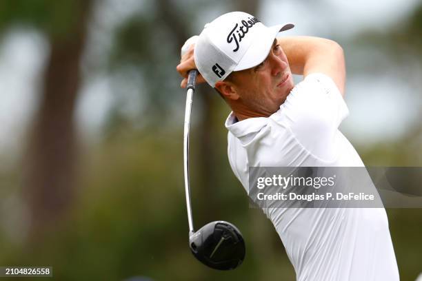 Justin Thomas of the United States plays his shot from the sixth tee during the second round of the Valspar Championship at Copperhead Course at...