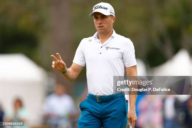 Justin Thomas of the United States reacts to his shot from the sixth tee during the second round of the Valspar Championship at Copperhead Course at...