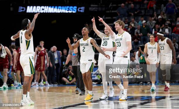 The Baylor Bears react to winning in the first round of the NCAA Men's Basketball Tournament against the Colgate Raiders at FedExForum on March 22,...