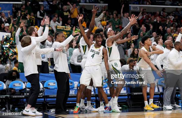 The Baylor Bears react to winning in the first round of the NCAA Men's Basketball Tournament against the Colgate Raiders at FedExForum on March 22,...