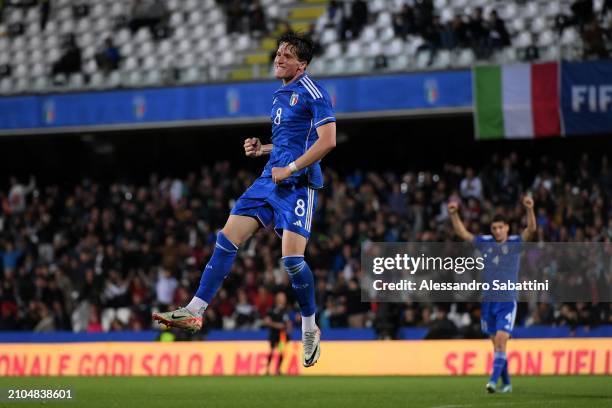 Giovanni Fabbian of Italy U21 celebrates after scoring his team second goal during the UEFA Under21 EURO Qualifier match between Italy U21 and Latvia...