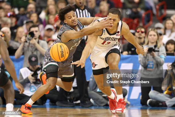 Jaedon LeDee of the San Diego State Aztecs and Efrem Johnson of the UAB Blazers battle for the ball during the second half in the first round of the...