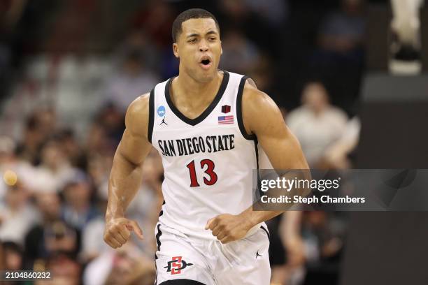 Jaedon LeDee of the San Diego State Aztecs reacts during the second half against the UAB Blazers in the first round of the NCAA Men's Basketball...