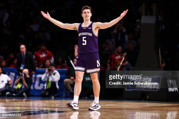 Ryan Langborg of the Northwestern Wildcats reacts during overtime of the game against the Florida Atlantic Owls during the first round of the NCAA...