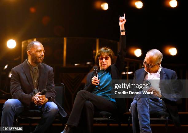 Composer Darryl Waters, lyricist Susan Birkenhead and director/author George C. Wolfe speak during the Jelly’s Last Jam Black Theater Legacy night...