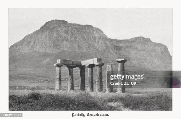 temple of apollo in ancient corinth, greece, halftone print, 1899 - greek temple illustration stock illustrations