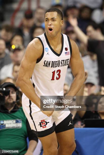 Jaedon LeDee of the San Diego State Aztecs reacts during the second half against the UAB Blazers in the first round of the NCAA Men's Basketball...