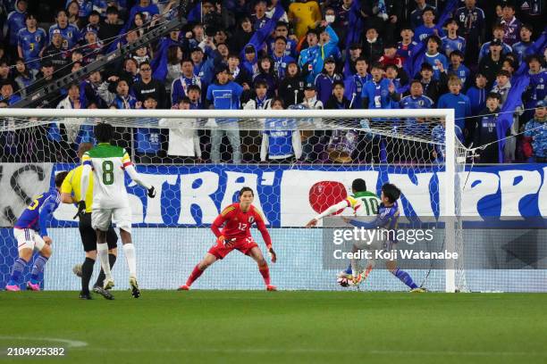 Mamadou Sangare of Mali score the team's first goal during the U-23 international friendly between Japan and Mali at Sanga Stadium by Kyocera on...