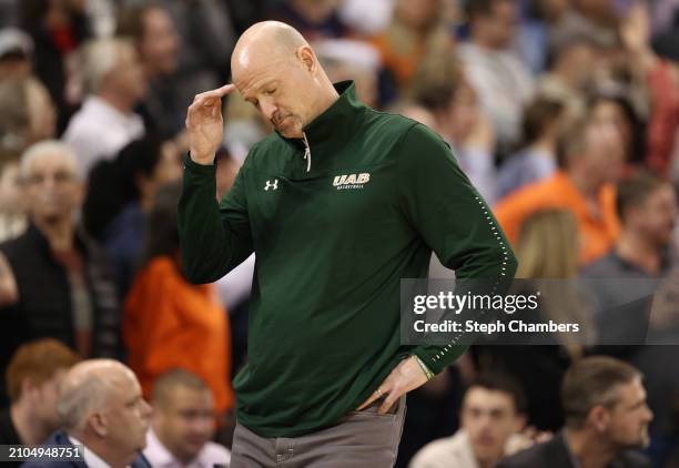 Head coach Andy Kennedy of the UAB Blazers reacts during the second half against the San Diego State Aztecs in the first round of the NCAA Men's...