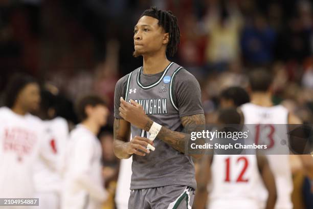 Eric Gaines of the UAB Blazers reacts after a 69-65 loss against San Diego State Aztecs in the first round of the NCAA Men's Basketball Tournament at...