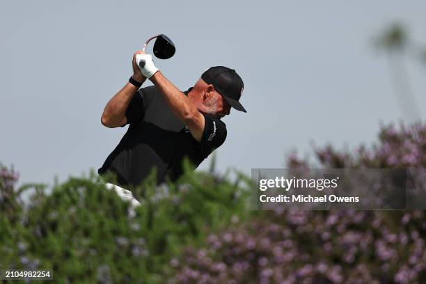 Darren Clarke of Northern Ireland tees off the second hole during the first round of the Hoag Classic Newport Beach at Newport Beach Country Club on...