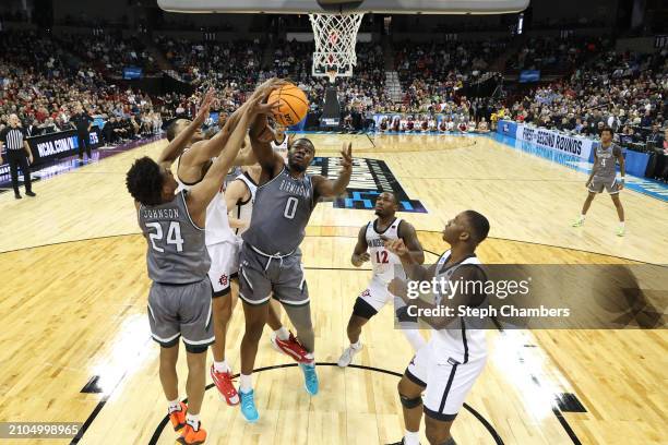 Javian Davis of the UAB Blazers battles Jaedon LeDee of the San Diego State Aztecs for a rebound during the second half in the first round of the...