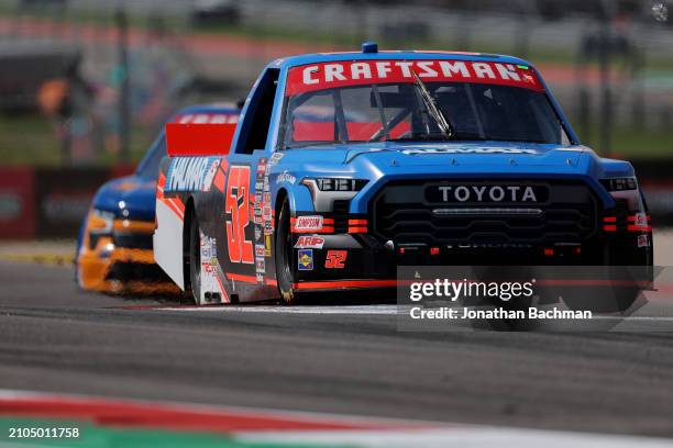 Stewart Friesen, driver of the Halmar International Toyota, drives during practice for the NASCAR Craftsman Truck Series XPEL 225 at Circuit of The...