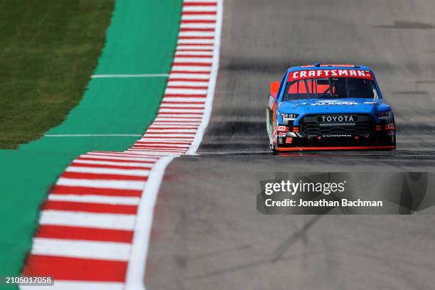 Stewart Friesen, driver of the Halmar International Toyota, drives during practice for the NASCAR Craftsman Truck Series XPEL 225 at Circuit of The...