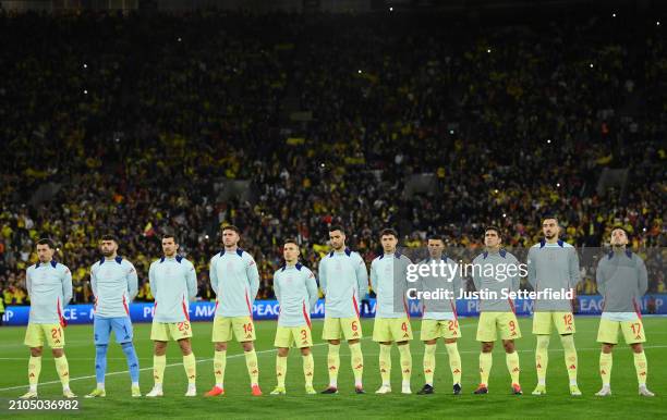 Players of Spain line up for the national anthem prior to the international friendly match between Spain and Colombia at London Stadium on March 22,...