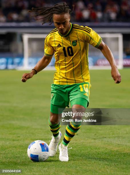 Bobby Reid of Jamaica plays the ball against the United States during Game 1 of the Semifinals of the CONCACAF Nations League Finals at AT&T Stadium...