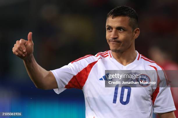 Alexis Sanchez of Chile reacts during the International Friendly match between Albania and Chile at Stadio Ennio Tardini on March 22, 2024 in Parma,...