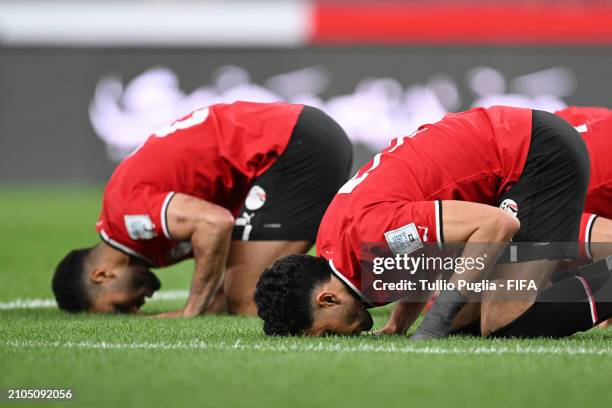 Players of Egypt celebrate after Mostafa Mohamed Ahmed Abdalla of Egypt scored their team's first goal from the penalty spot during the FIFA Series...
