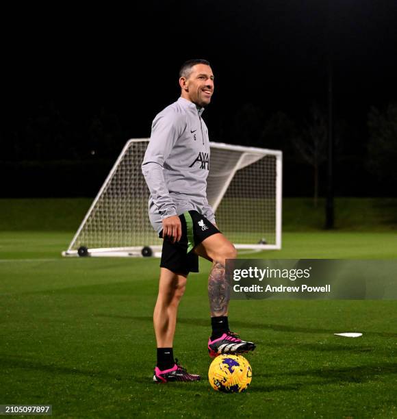 Maxi Rodriguez during a training session at AXA Melwood Training Centre on March 22, 2024 in Liverpool, England.