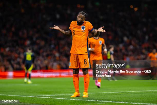 Georginio Wijnaldum of the Netherlands celebrates after scoring his team's second goal during the friendly match between Netherlands and Scotland at...