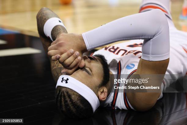 Johni Broome of the Auburn Tigers reacts after a foul during the first half against the Yale Bulldogs in the first round of the NCAA Men's Basketball...