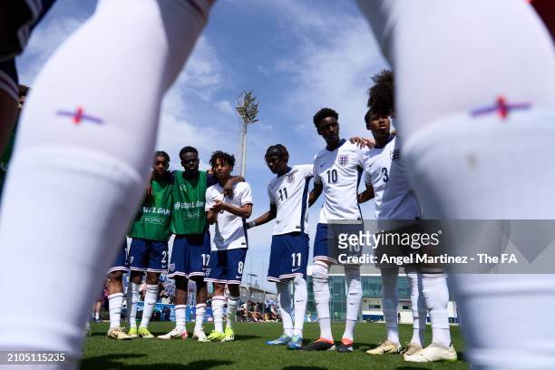 Players of England U18 huddle up prior to the International Friendly match between England U18 and Germany U18 at Pinatar Arena on March 22, 2024 in...