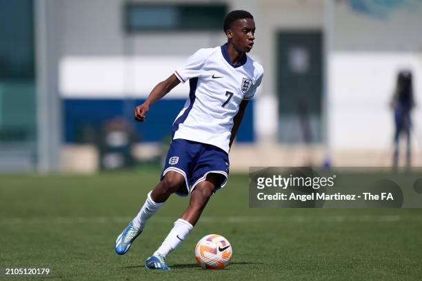 Trey Nyoni of England U18 runs with the ball during the International Friendly match between England U18 and Germany U18 at Pinatar Arena on March...