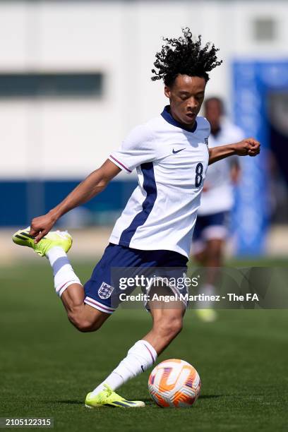 Kiano Dyer of England U18 in action during the International Friendly match between England U18 and Germany U18 at Pinatar Arena on March 22, 2024 in...