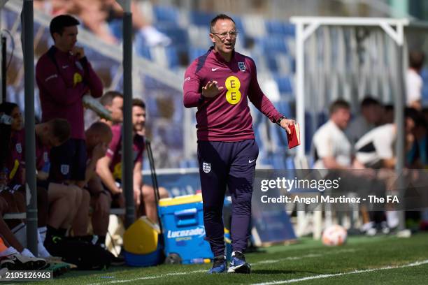 Head coach Tom Curtis of England U18 reacts during the International Friendly match between England U18 and Germany U18 at Pinatar Arena on March 22,...